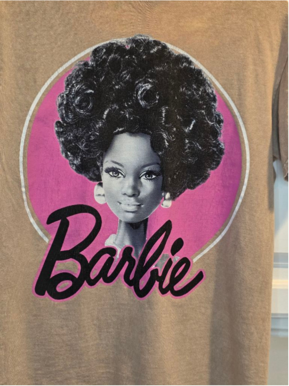 Barbie Afro Graphic Tee Beige Y2K Retro Barbiecore T Shirt Size M - Picture 3 of 9
